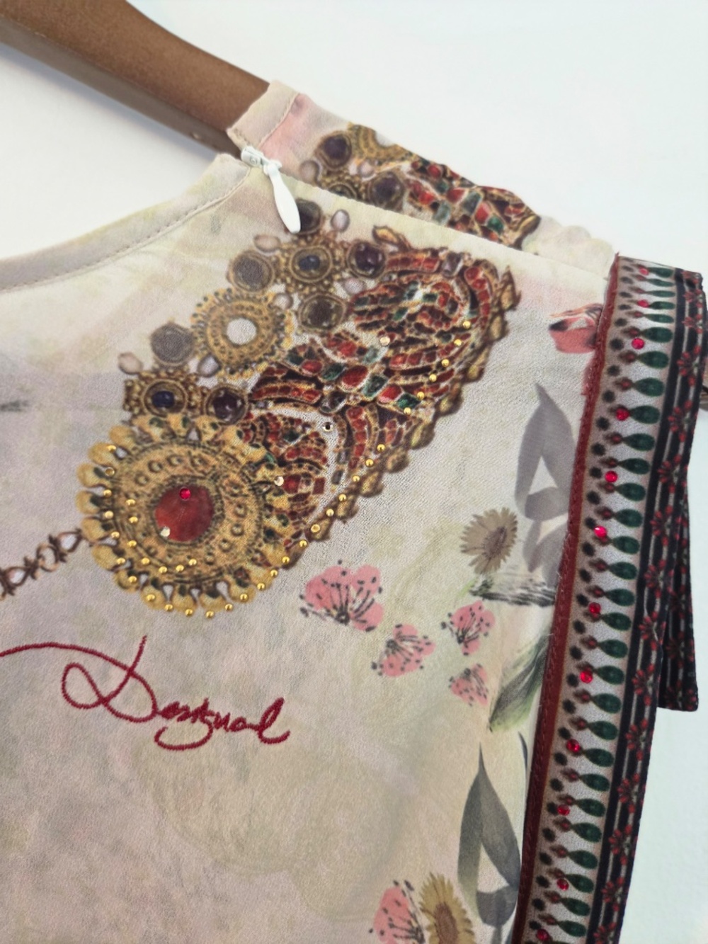 Desigual dress L pink/black midi hi/low metallic florals gems sleeveless boho - Picture 16 of 16